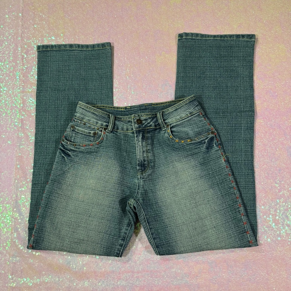 Blue Floral Embroidered Patchwork Bootcut Jeans - image 1